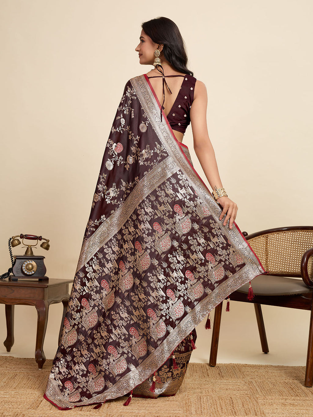 Vedant Vastram Soft Litchi Silk Paithani Jacquard Saree - Maroon | Grocsy