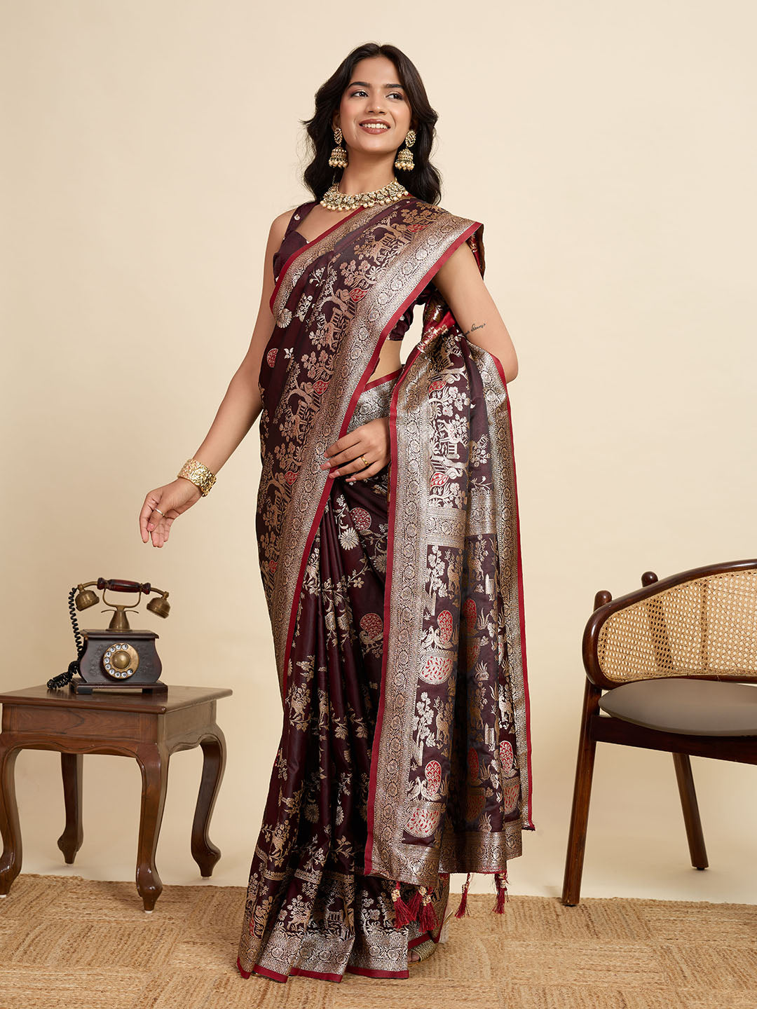 Vedant Vastram Soft Litchi Silk Paithani Jacquard Saree - Maroon | Grocsy