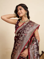 Vedant Vastram Soft Litchi Silk Paithani Jacquard Saree - Maroon | Grocsy