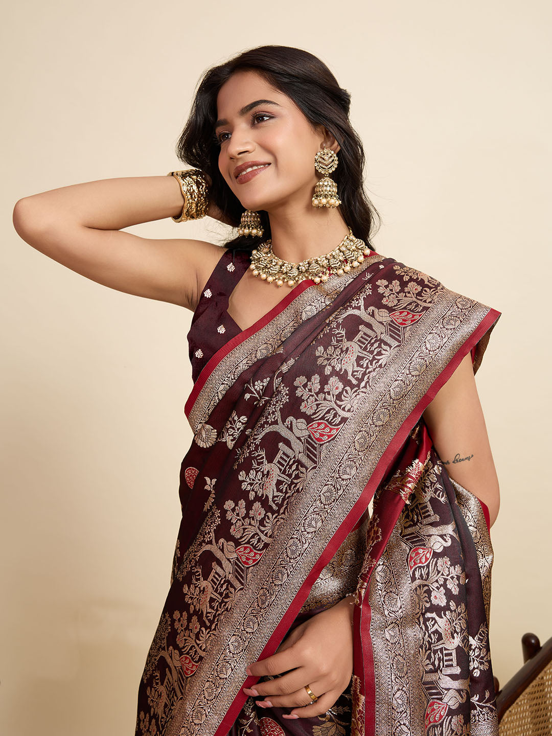 Vedant Vastram Soft Litchi Silk Paithani Jacquard Saree - Maroon | Grocsy