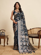 Vedant Vastram Soft Litchi Silk Paithani Jacquard Saree - Navy Blue | Grocsy