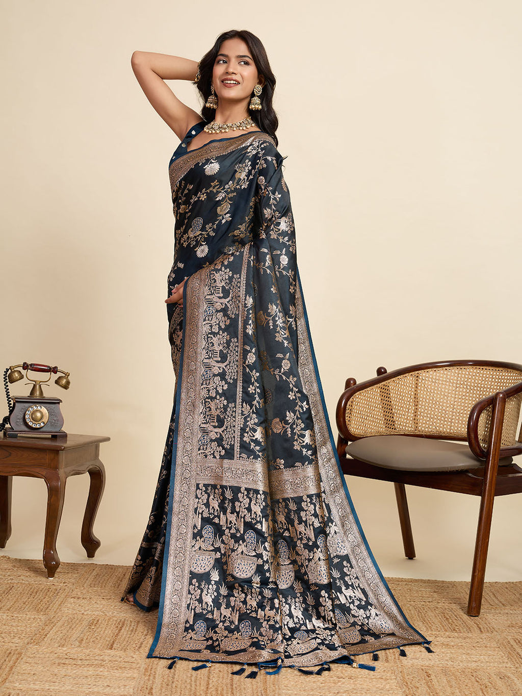 Vedant Vastram Soft Litchi Silk Paithani Jacquard Saree - Navy Blue | Grocsy