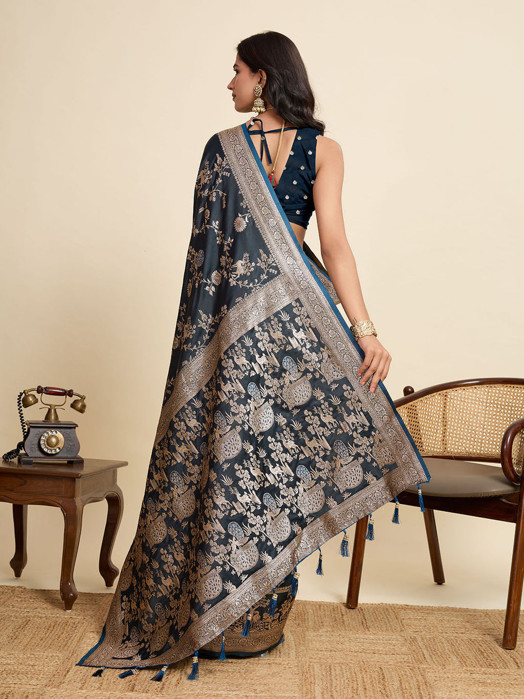 Vedant Vastram Soft Litchi Silk Paithani Jacquard Saree - Navy Blue | Grocsy