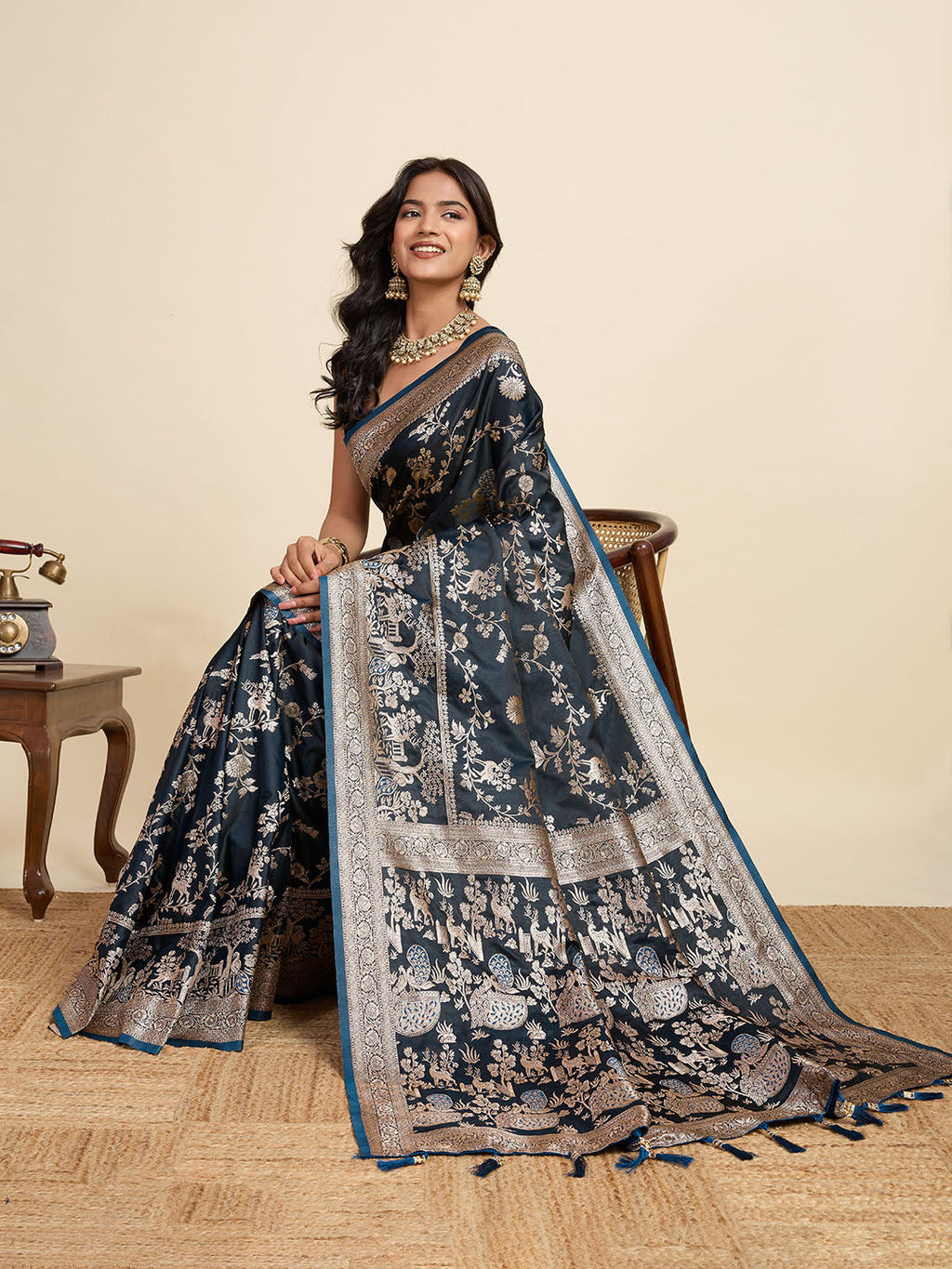 Vedant Vastram Soft Litchi Silk Paithani Jacquard Saree - Navy Blue | Grocsy
