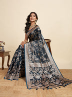 Vedant Vastram Soft Litchi Silk Paithani Jacquard Saree - Navy Blue | Grocsy