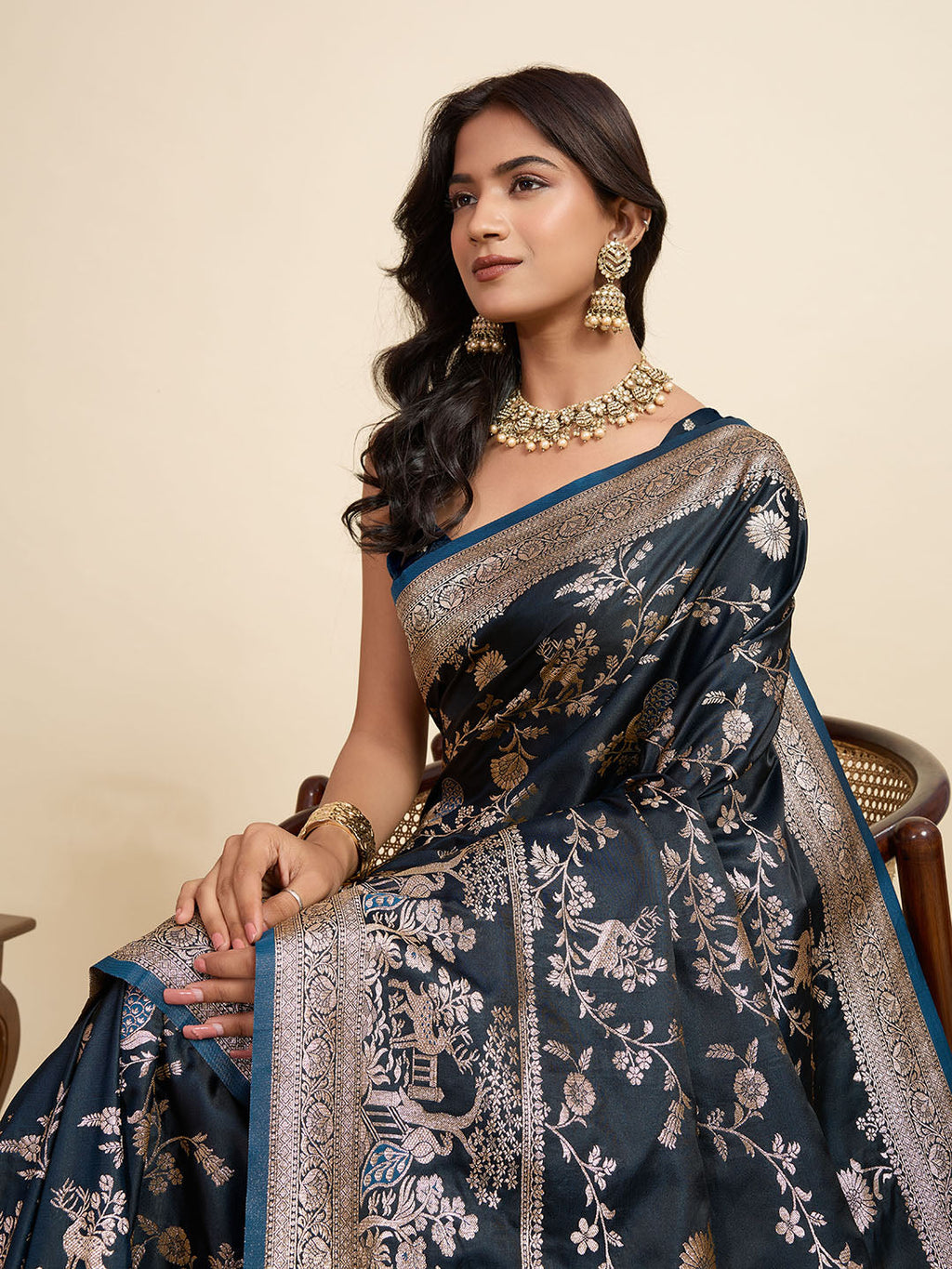 Vedant Vastram Soft Litchi Silk Paithani Jacquard Saree - Navy Blue | Grocsy