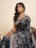 Vedant Vastram Soft Litchi Silk Paithani Jacquard Saree - Navy Blue | Grocsy