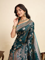 Vedant Vastram Soft Litchi Silk Paithani Jacquard Saree - Rama | Grocsy