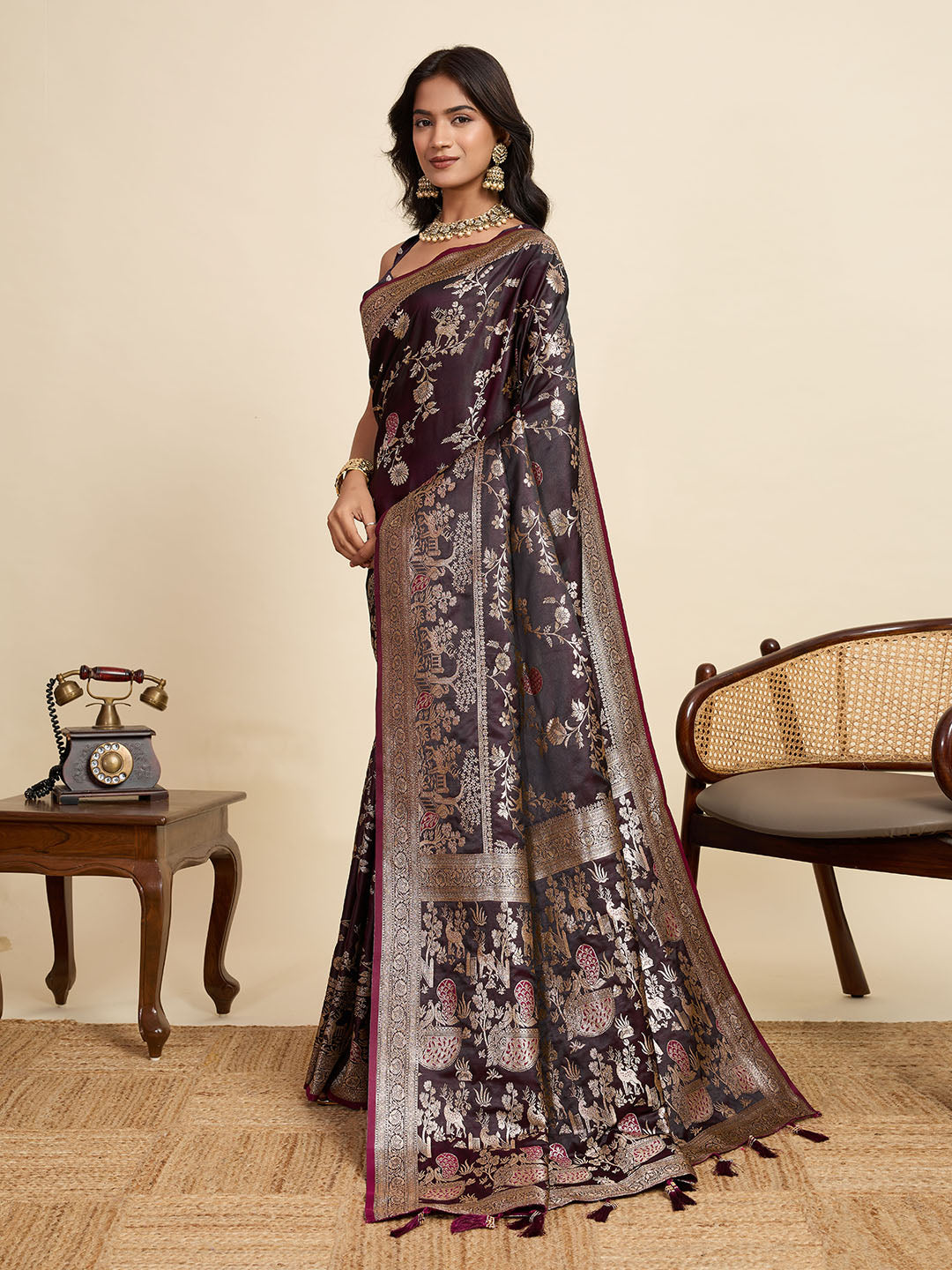 Vedant Vastram Soft Litchi Silk Paithani Jacquard Saree - Wine | Grocsy