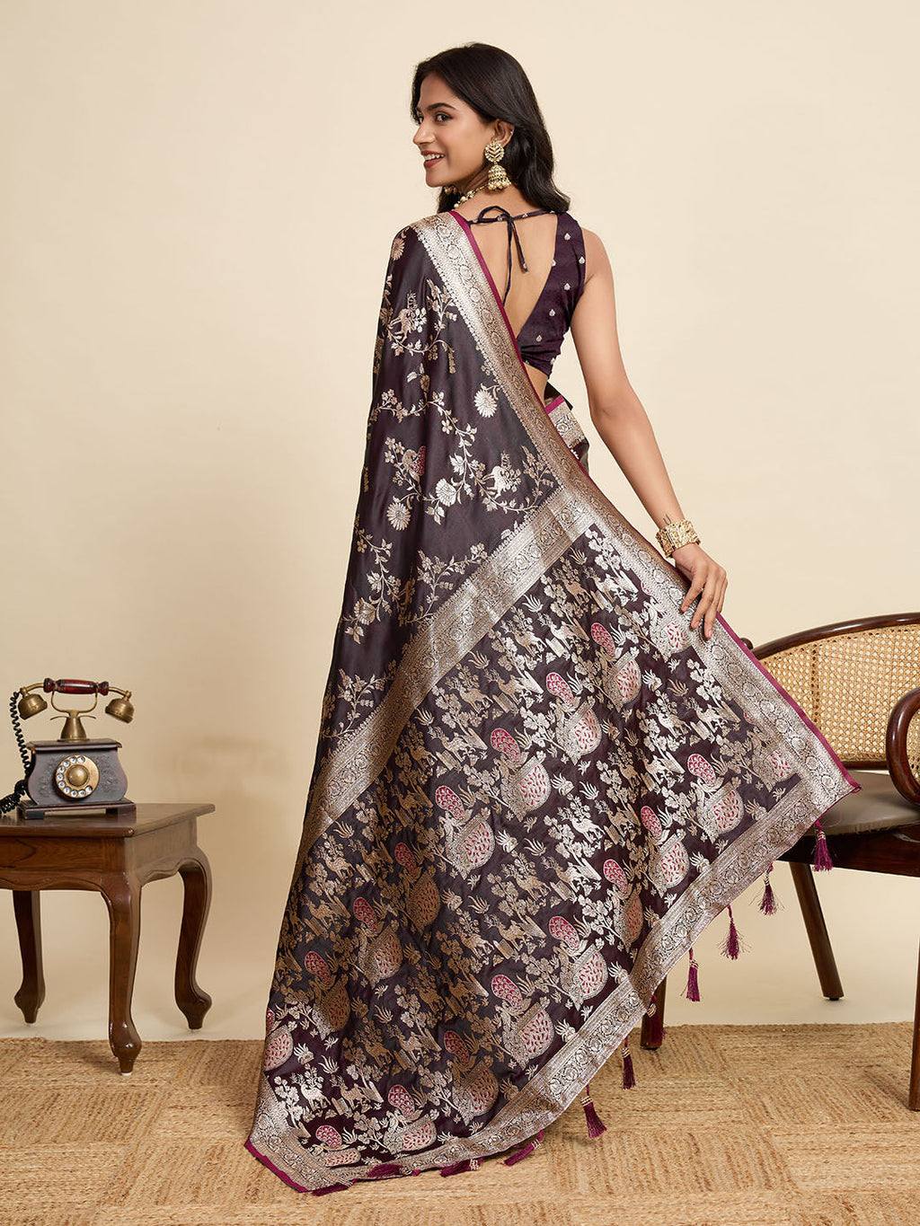 Vedant Vastram Soft Litchi Silk Paithani Jacquard Saree - Wine | Grocsy