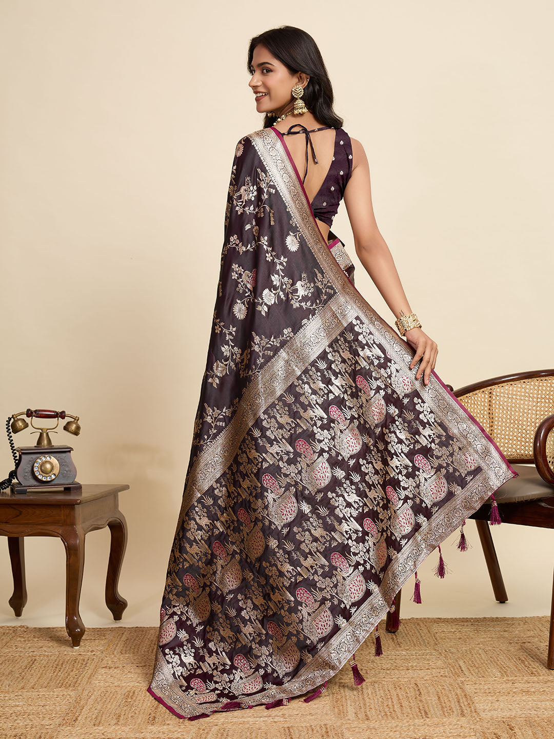 Vedant Vastram Soft Litchi Silk Paithani Jacquard Saree - Wine | Grocsy