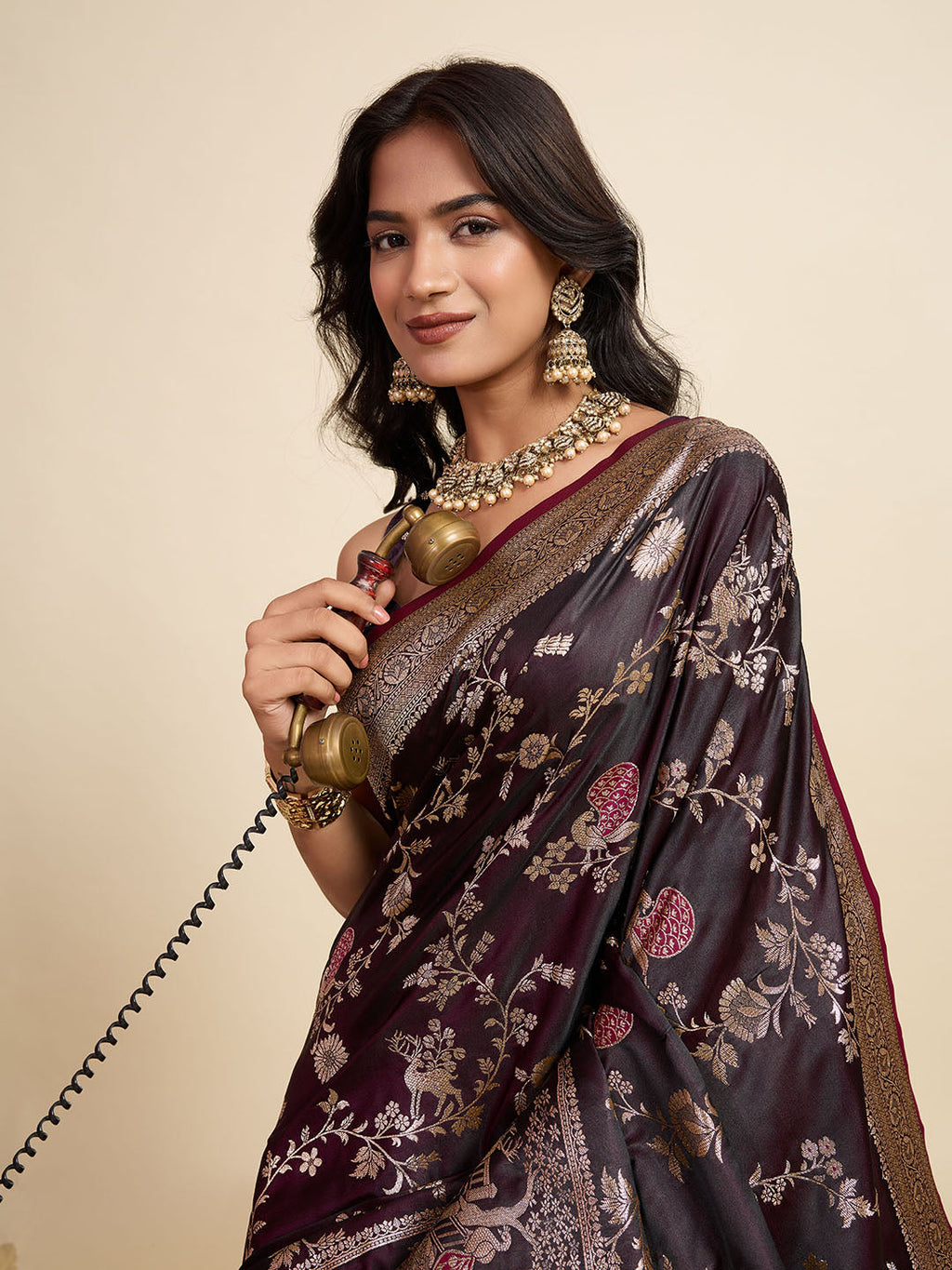 Vedant Vastram Soft Litchi Silk Paithani Jacquard Saree - Wine | Grocsy