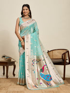 Vedant Vastram Cotton Silk Paithani Jacquard Saree - Aqua | Grocsy