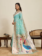Vedant Vastram Cotton Silk Paithani Jacquard Saree - Aqua | Grocsy