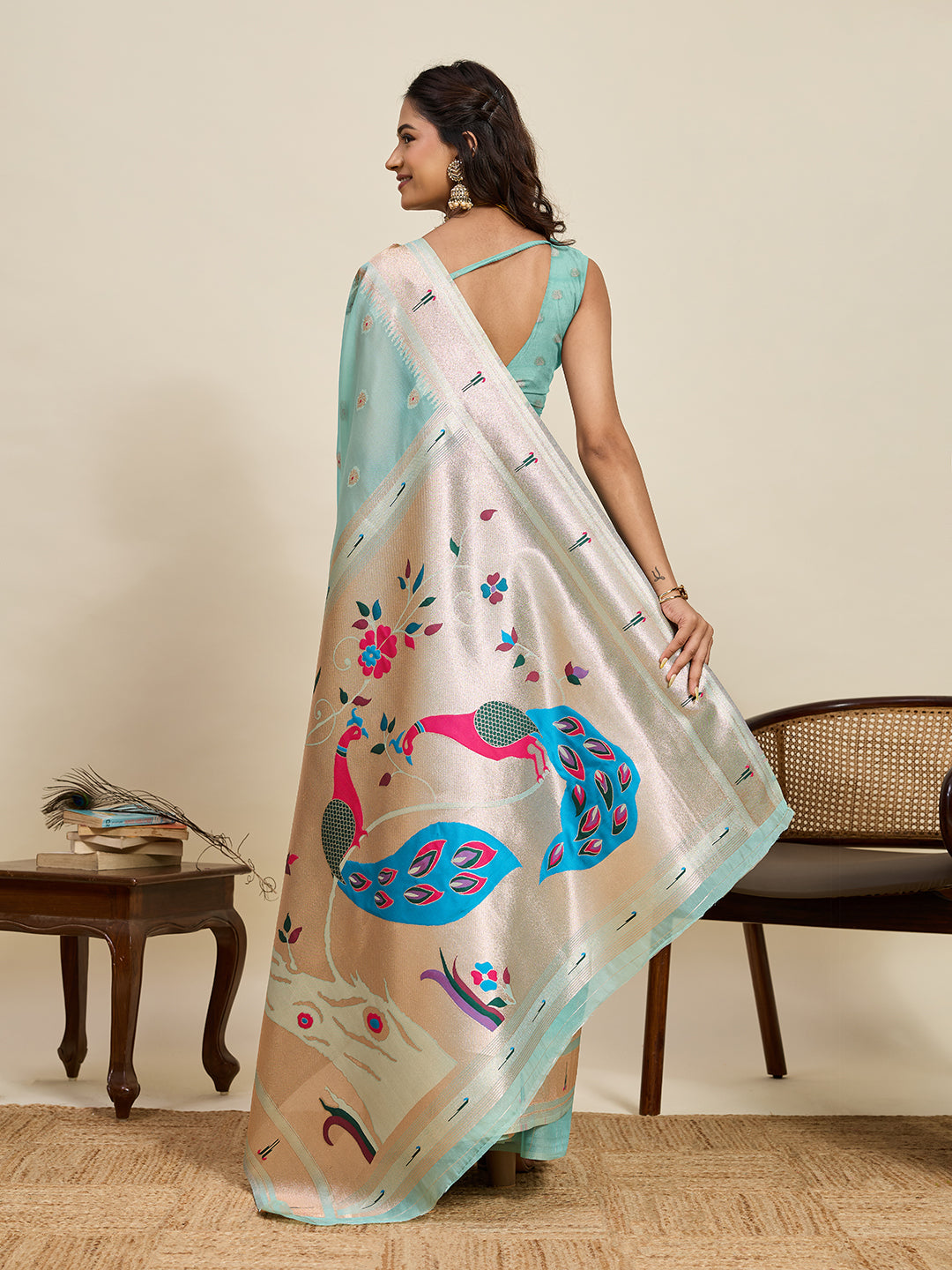 Vedant Vastram Cotton Silk Paithani Jacquard Saree - Aqua | Grocsy