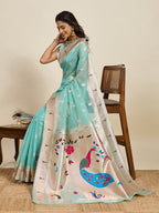Vedant Vastram Cotton Silk Paithani Jacquard Saree - Aqua | Grocsy
