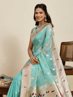 Vedant Vastram Cotton Silk Paithani Jacquard Saree - Aqua | Grocsy
