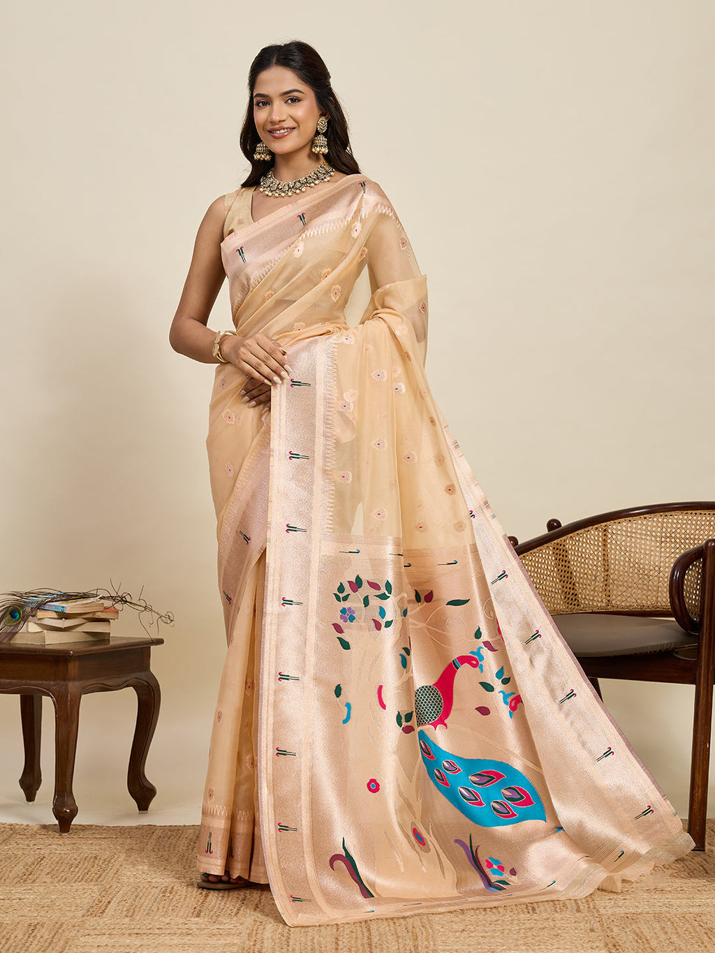 Vedant Vastram Cotton Silk Paithani Jacquard Saree - Beige | Grocsy