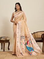 Vedant Vastram Cotton Silk Paithani Jacquard Saree - Beige | Grocsy