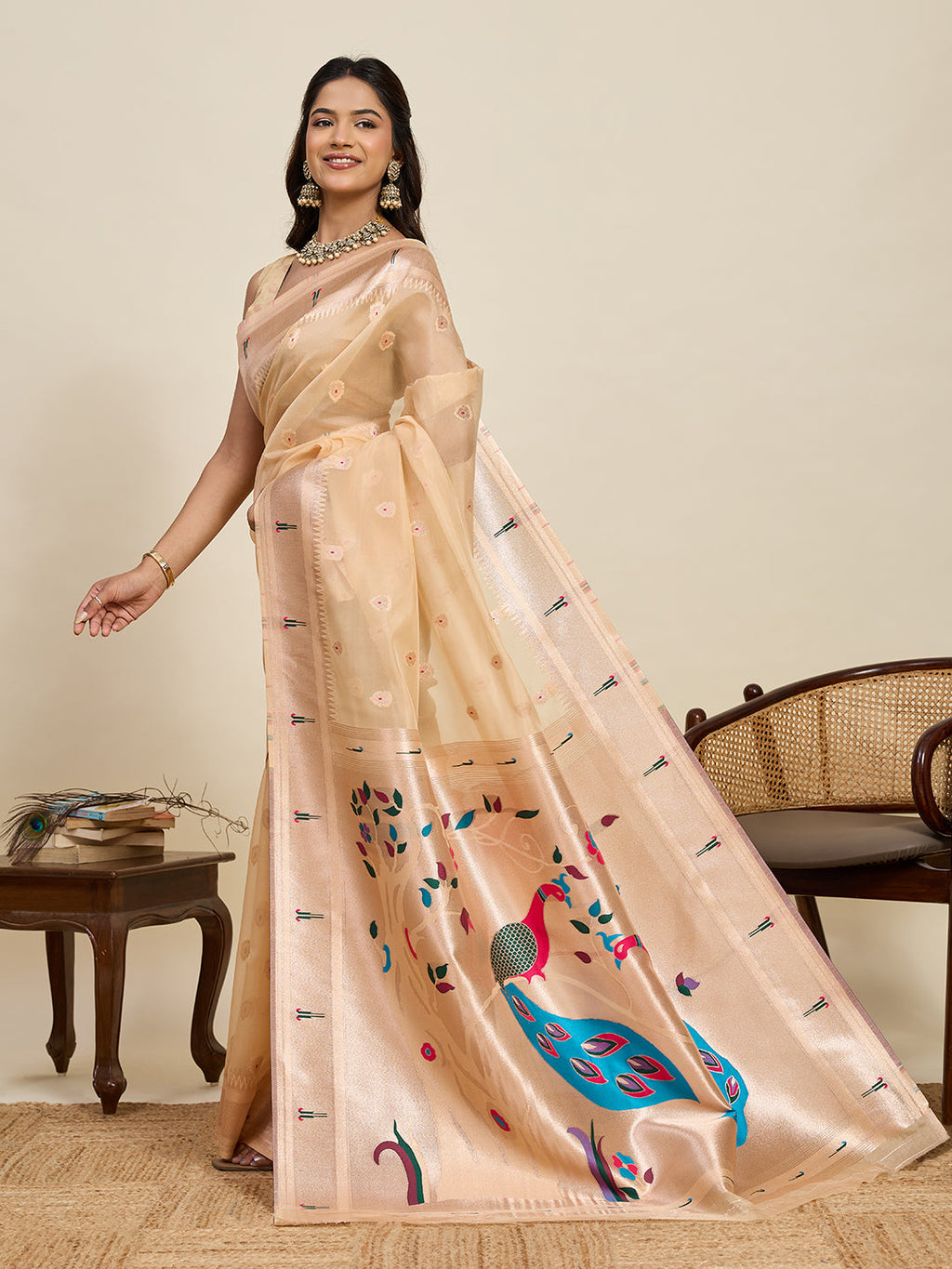 Vedant Vastram Cotton Silk Paithani Jacquard Saree - Beige | Grocsy