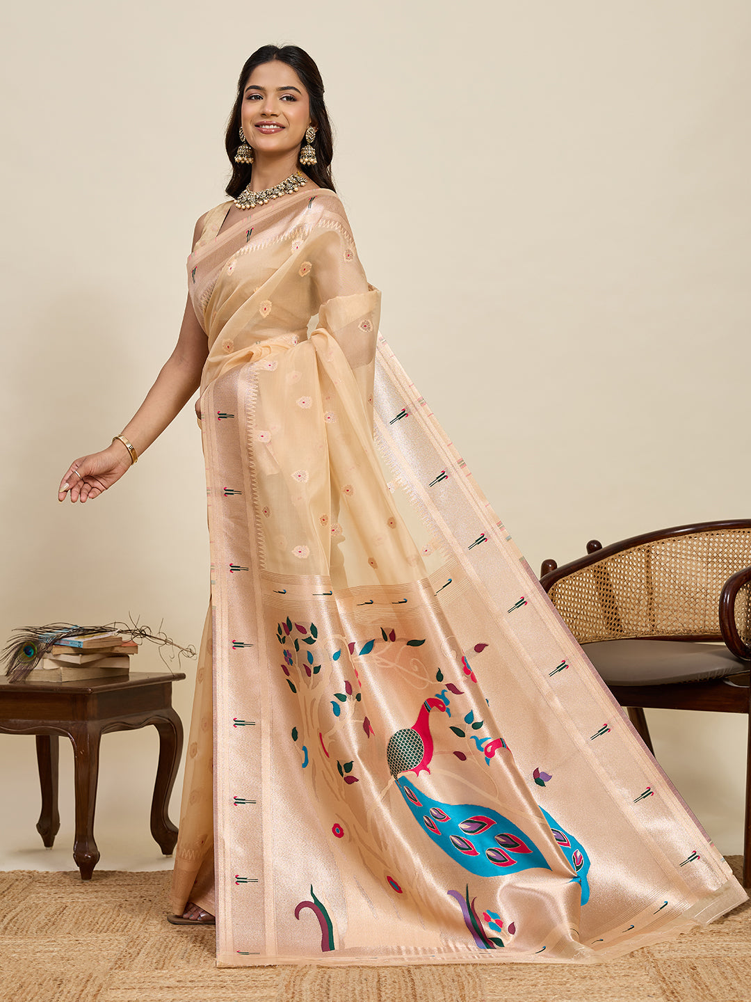 Vedant Vastram Cotton Silk Paithani Jacquard Saree - Beige | Grocsy