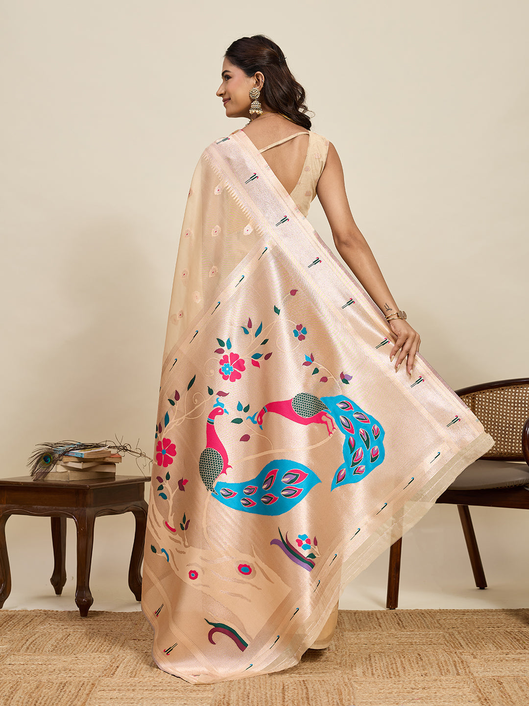 Vedant Vastram Cotton Silk Paithani Jacquard Saree - Beige | Grocsy
