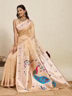 Vedant Vastram Cotton Silk Paithani Jacquard Saree - Beige | Grocsy
