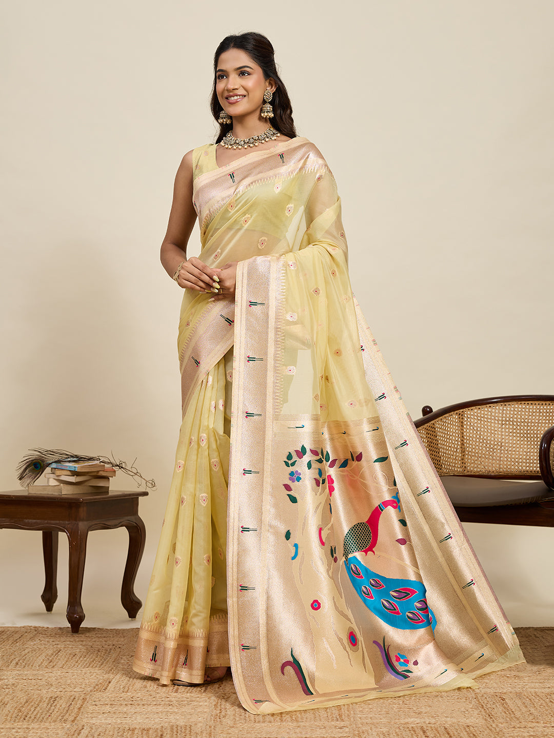 Vedant Vastram Cotton Silk Paithani Jacquard Saree - Lemon | Grocsy