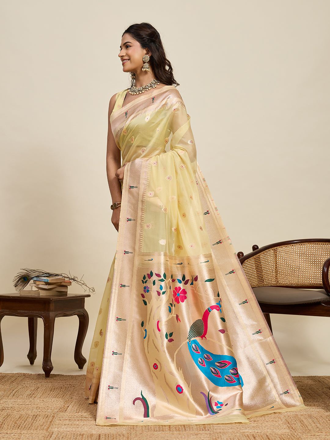 Vedant Vastram Cotton Silk Paithani Jacquard Saree - Lemon | Grocsy