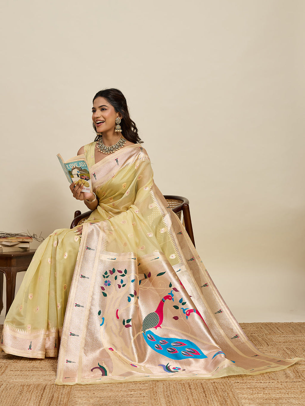 Vedant Vastram Cotton Silk Paithani Jacquard Saree - Lemon | Grocsy
