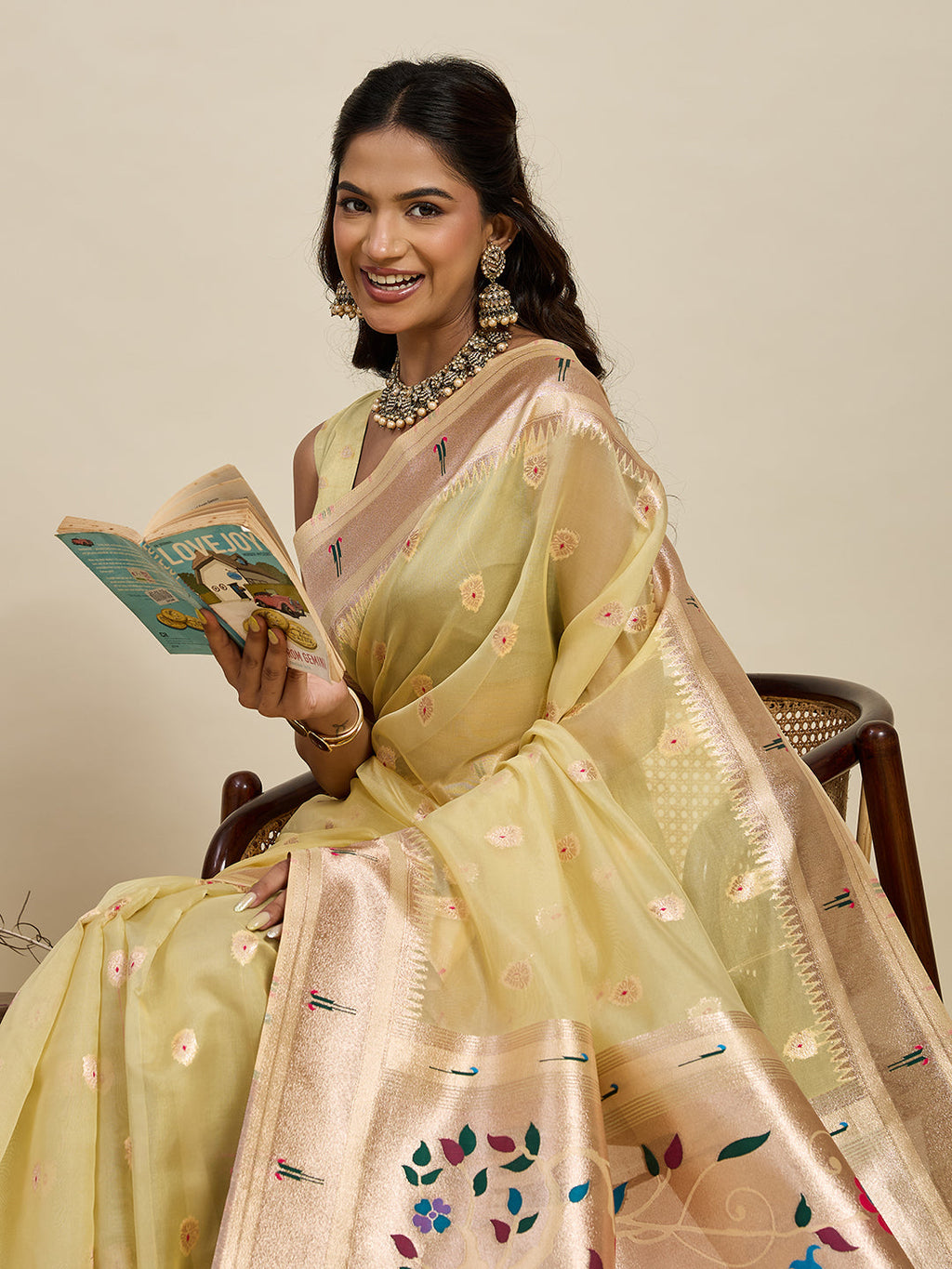 Vedant Vastram Cotton Silk Paithani Jacquard Saree - Lemon | Grocsy