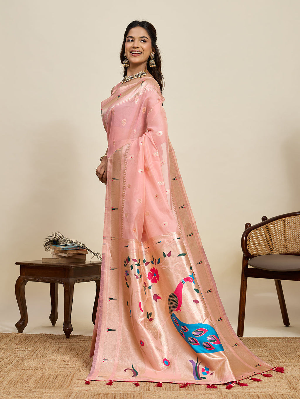 Vedant Vastram Cotton Silk Paithani Jacquard Saree - Peach | Grocsy