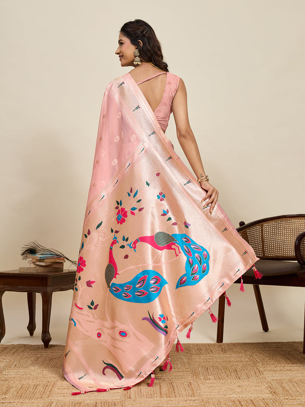 Vedant Vastram Cotton Silk Paithani Jacquard Saree - Peach | Grocsy