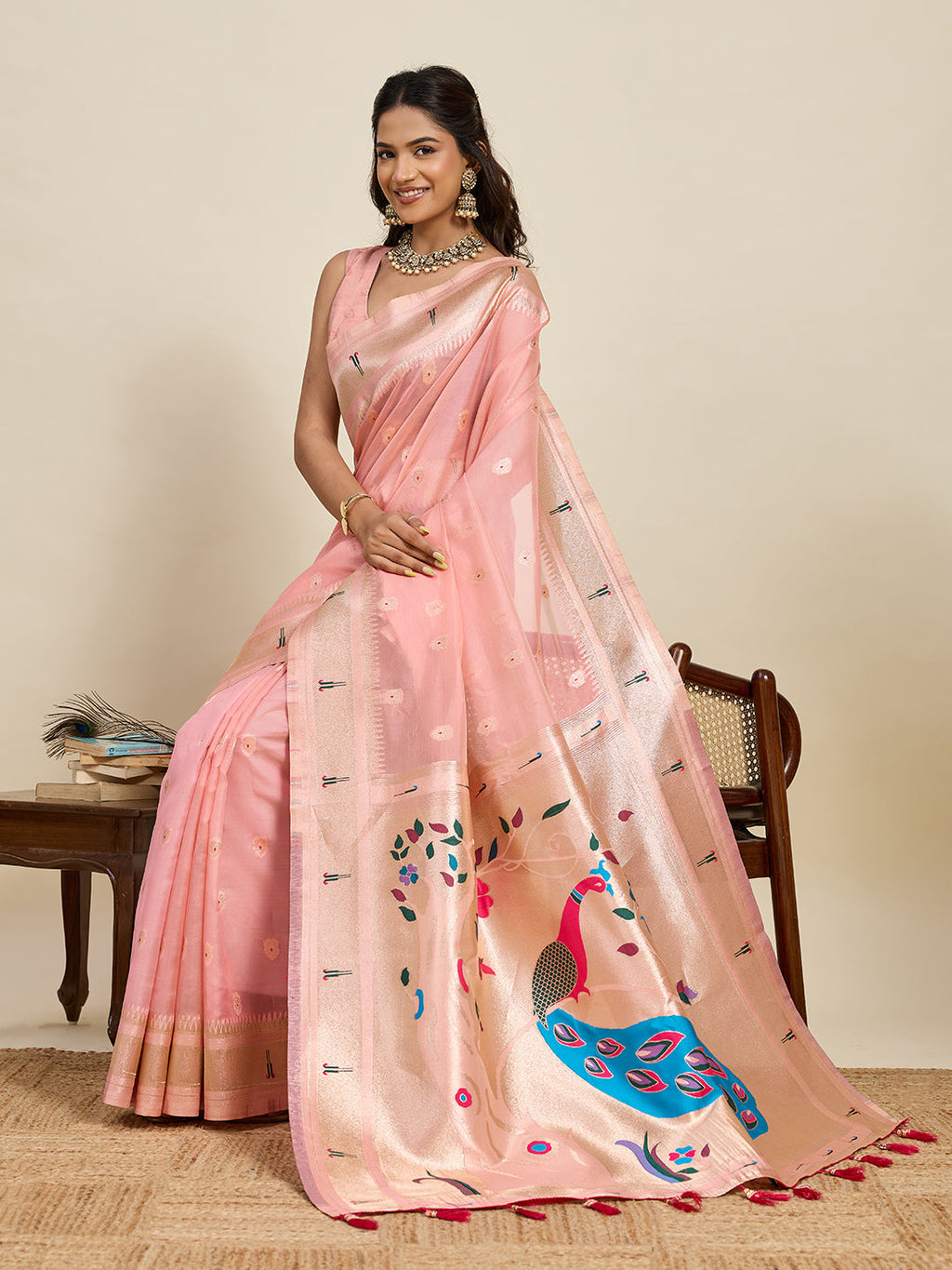 Vedant Vastram Cotton Silk Paithani Jacquard Saree - Peach | Grocsy