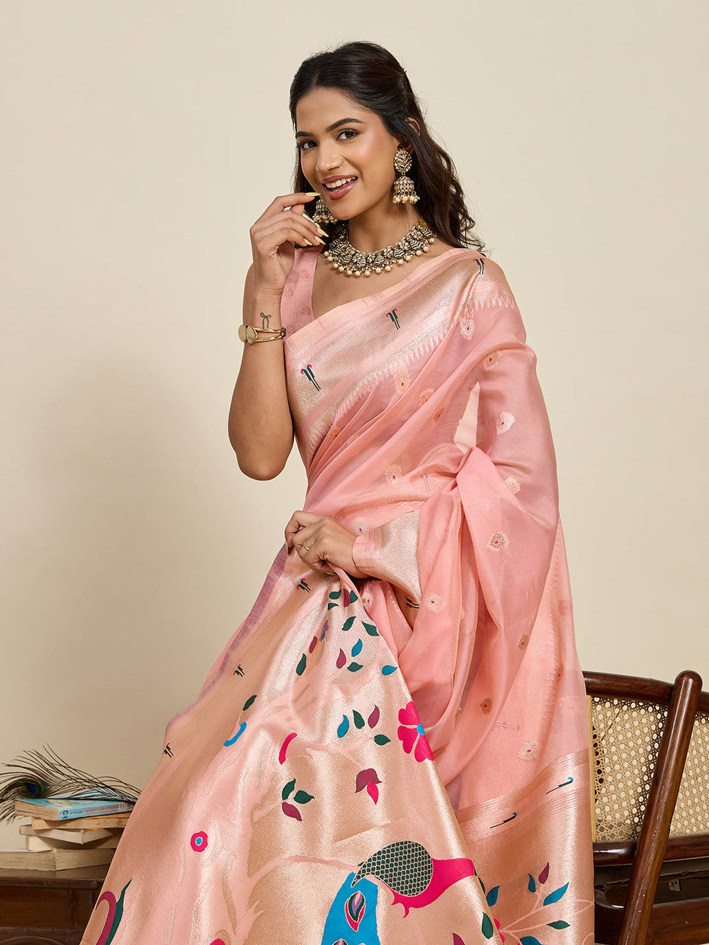 Vedant Vastram Cotton Silk Paithani Jacquard Saree - Peach | Grocsy