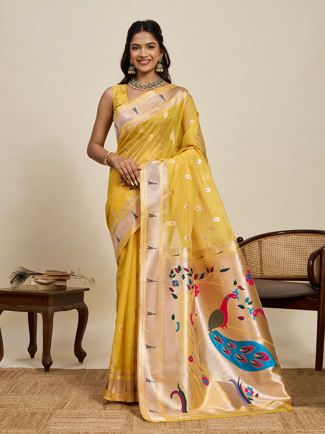 Vedant Vastram Cotton Silk Paithani Jacquard Saree - Yellow | Grocsy