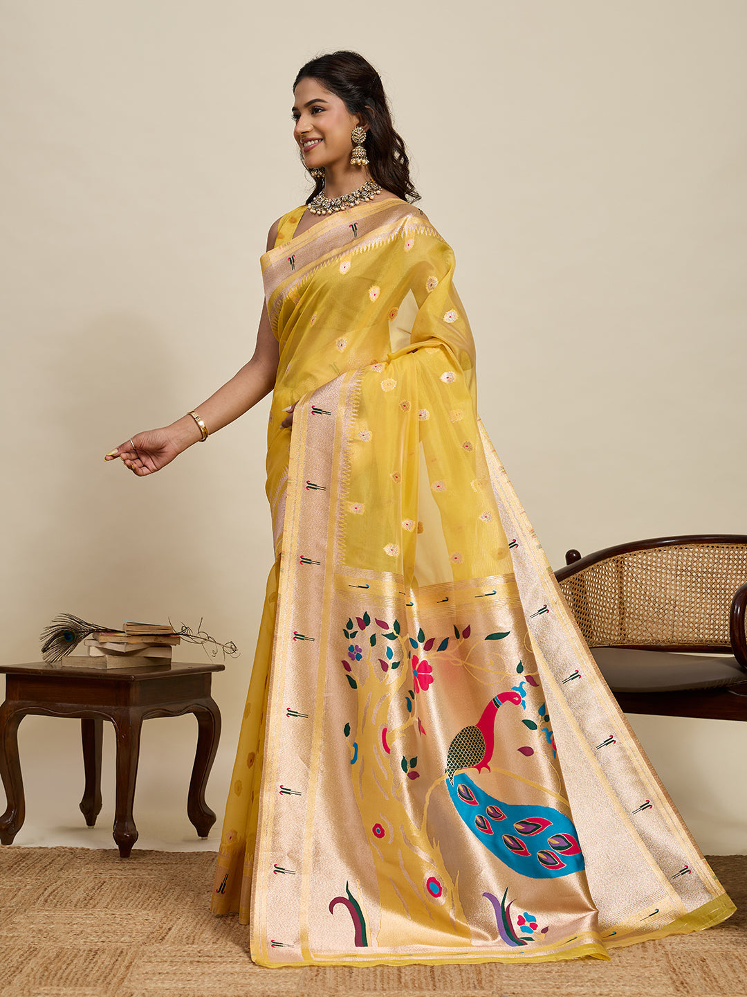 Vedant Vastram Cotton Silk Paithani Jacquard Saree - Yellow | Grocsy