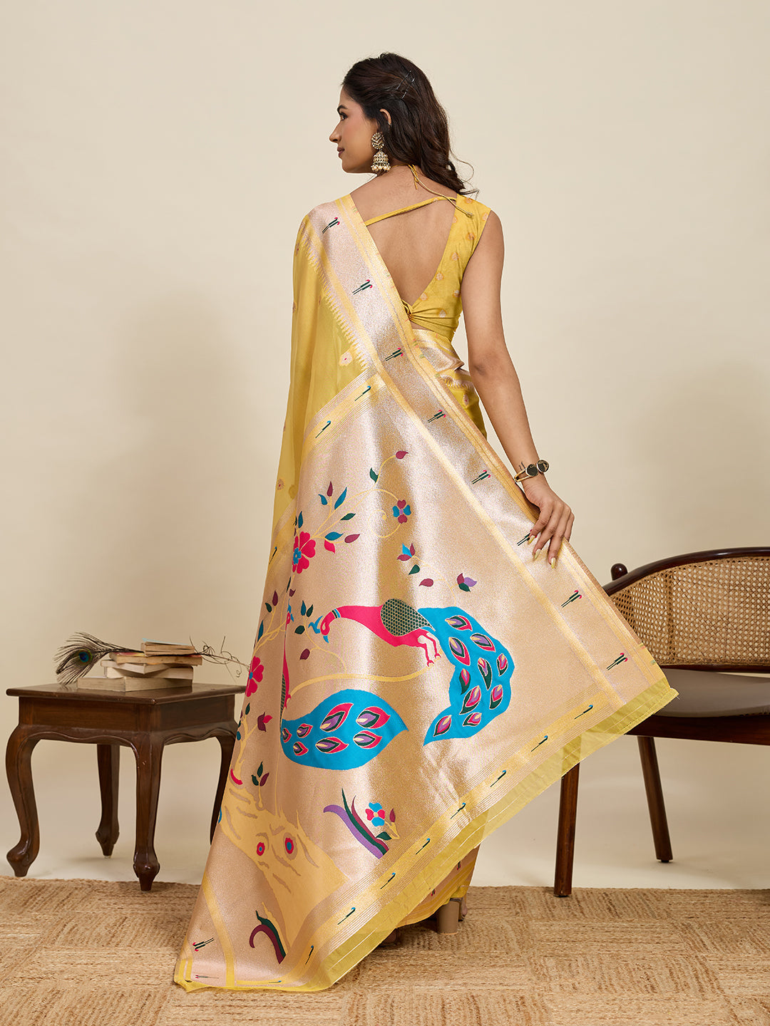 Vedant Vastram Cotton Silk Paithani Jacquard Saree - Yellow | Grocsy