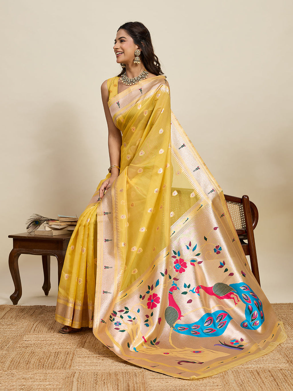Vedant Vastram Cotton Silk Paithani Jacquard Saree - Yellow | Grocsy