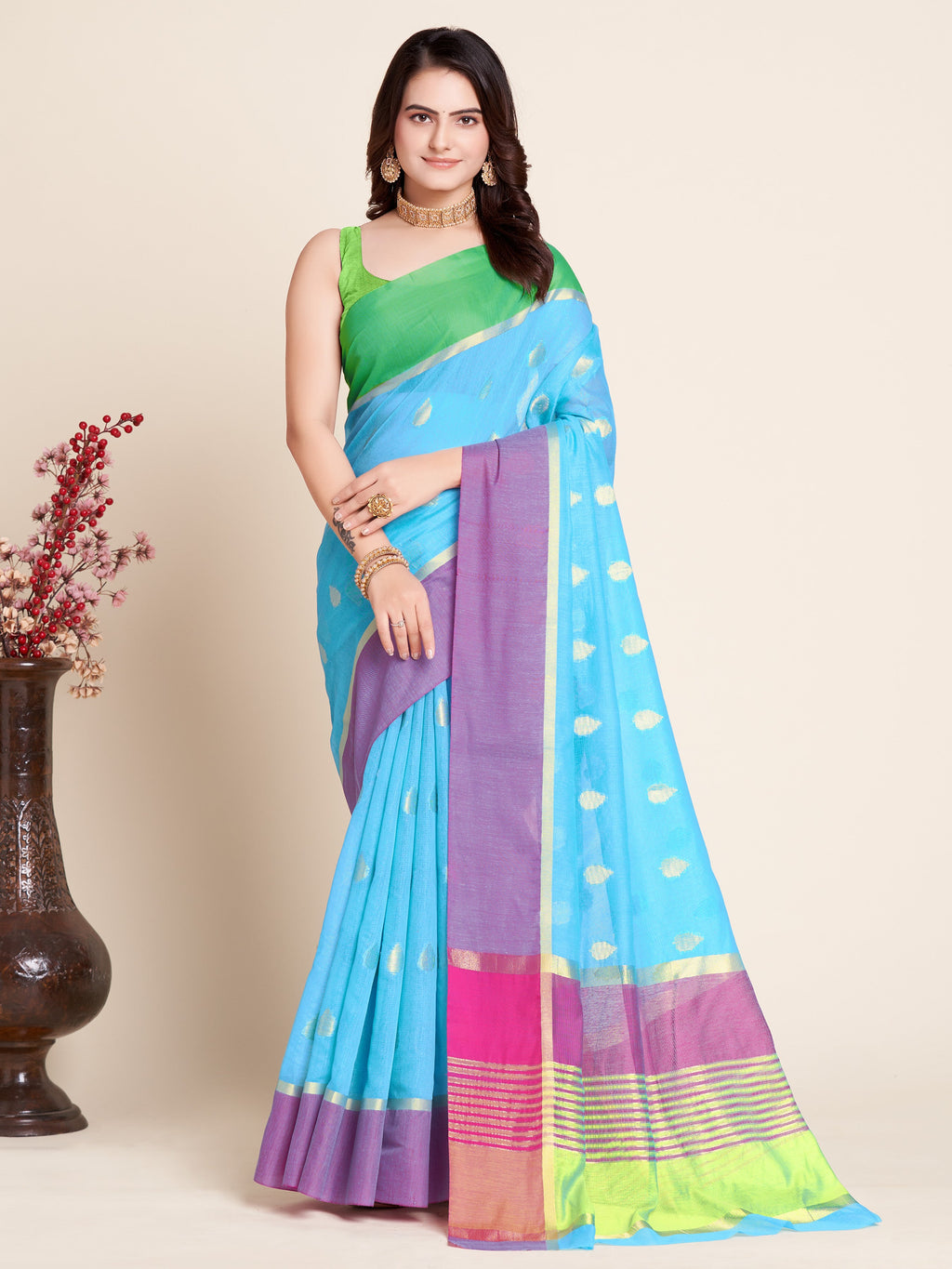 Vedant Vastram Soft Art Silk Silk Jacquard Fancy Saree - Firozi | Grocsy