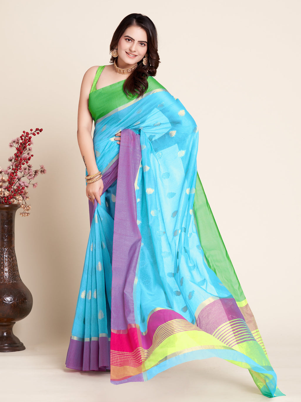 Vedant Vastram Soft Art Silk Silk Jacquard Fancy Saree - Firozi | Grocsy