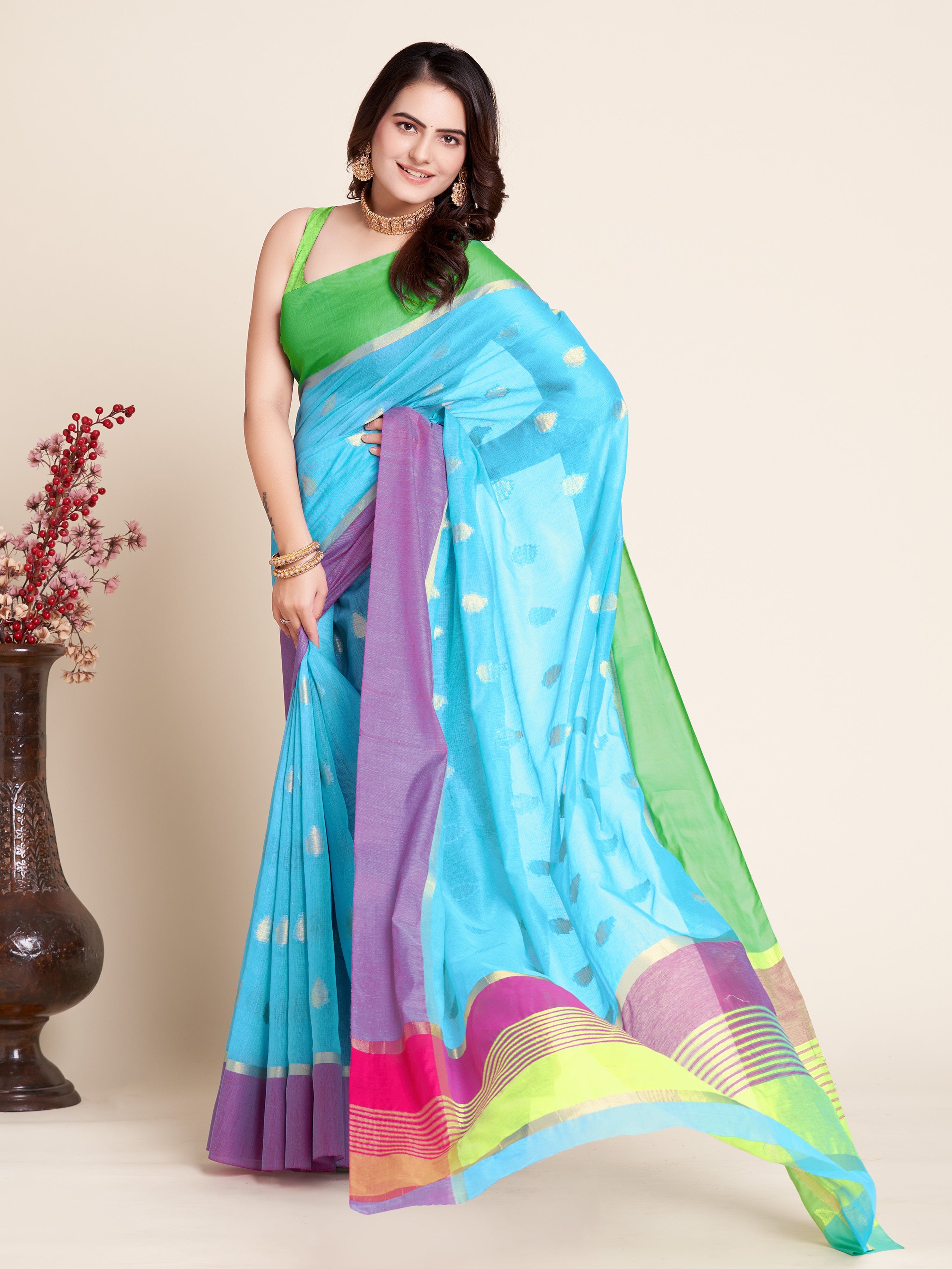 Vedant Vastram Soft Art Silk Silk Jacquard Fancy Saree - Firozi | Grocsy