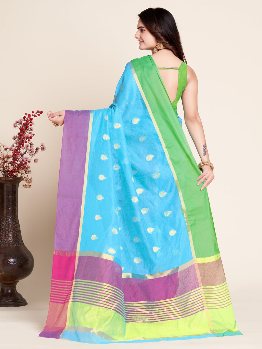 Vedant Vastram Soft Art Silk Silk Jacquard Fancy Saree - Firozi | Grocsy