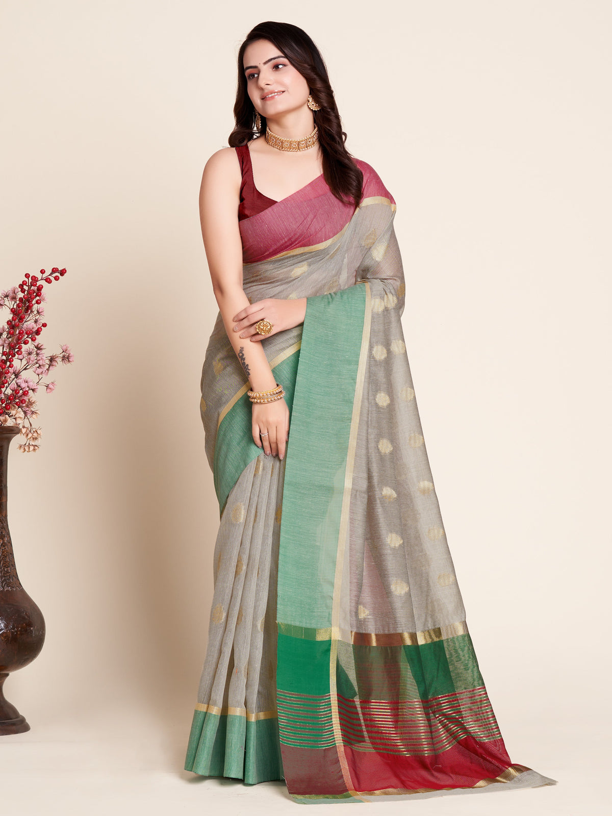Vedant Vastram Soft Art Silk Silk Jacquard Fancy Saree - Grey | Grocsy