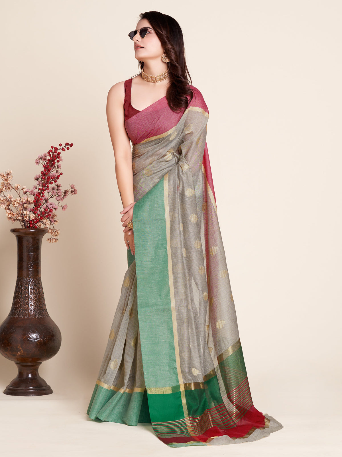 Vedant Vastram Soft Art Silk Silk Jacquard Fancy Saree - Grey | Grocsy