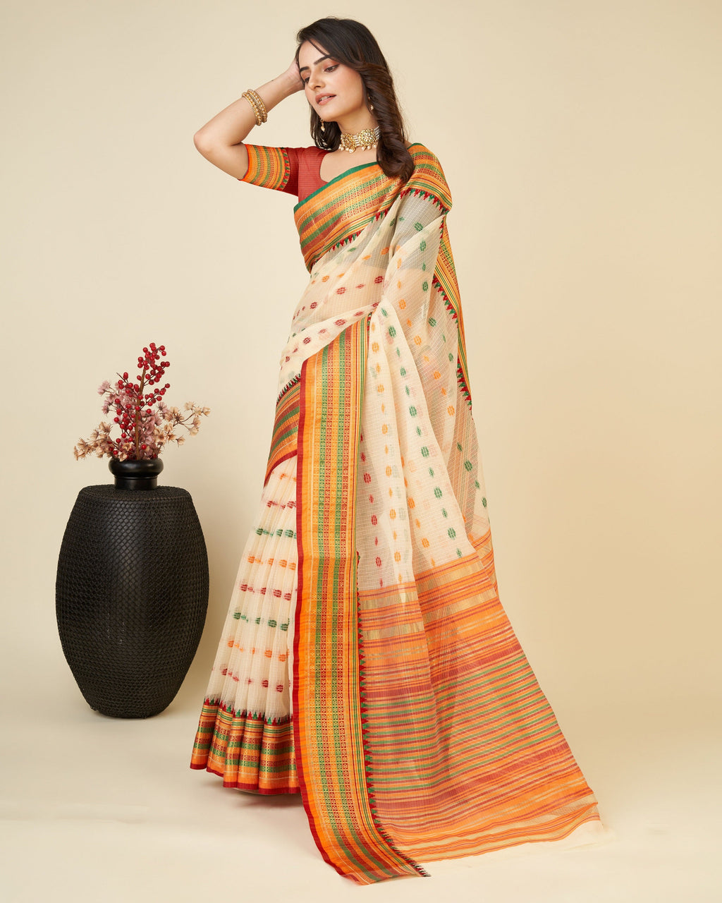 Vedant Vastram Soft Art Silk Silk Jacquard Fancy Saree - Beige | Grocsy