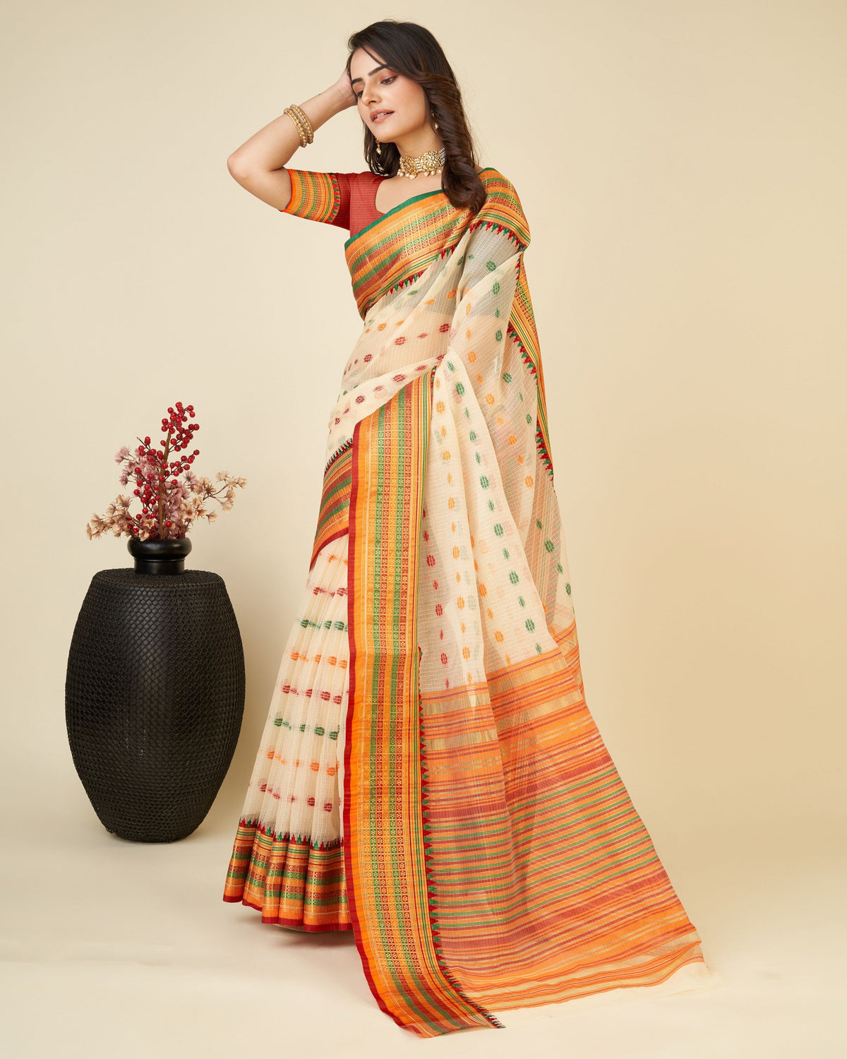Vedant Vastram Soft Art Silk Silk Jacquard Fancy Saree - Beige | Grocsy