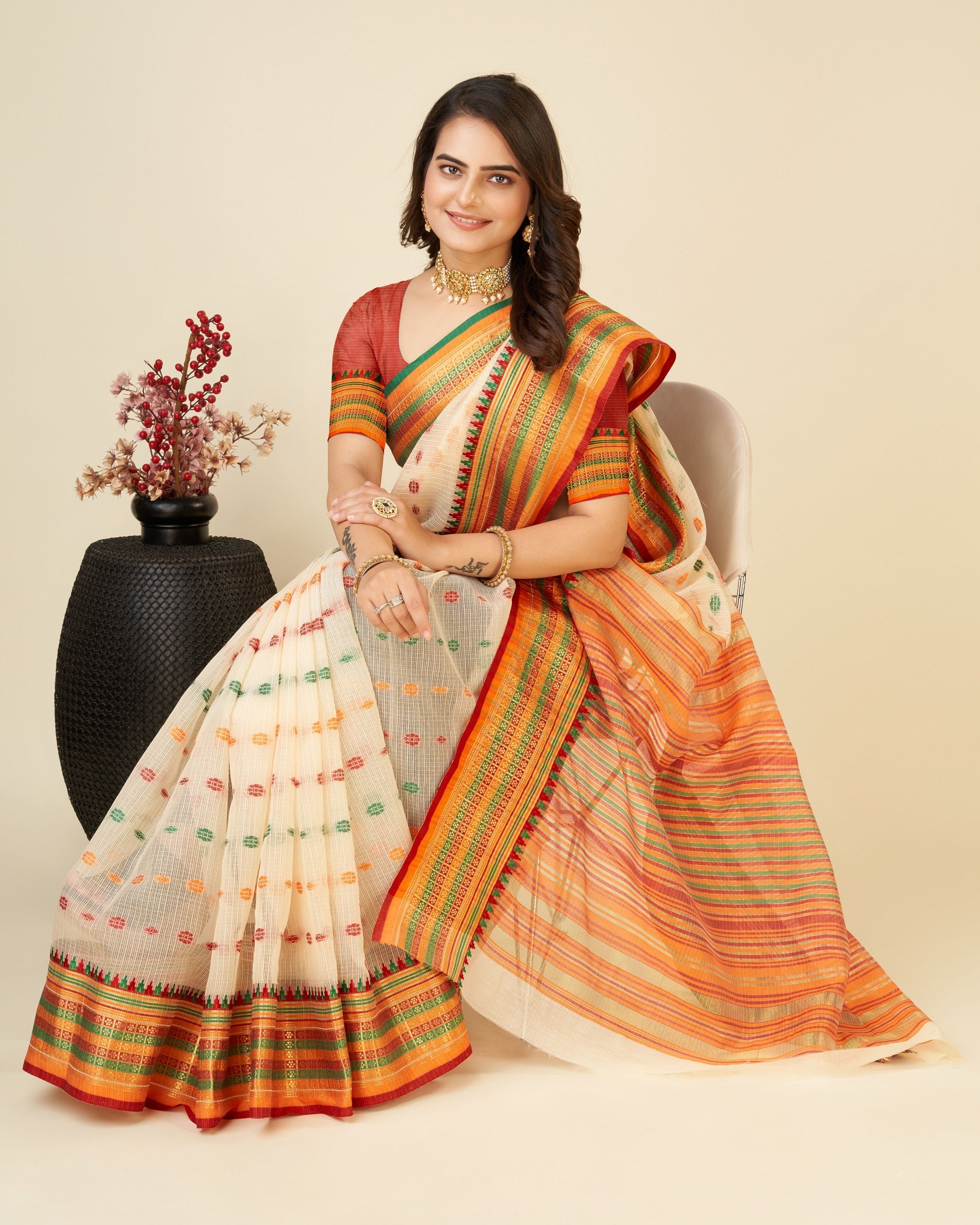 Vedant Vastram Soft Art Silk Silk Jacquard Fancy Saree - Beige | Grocsy
