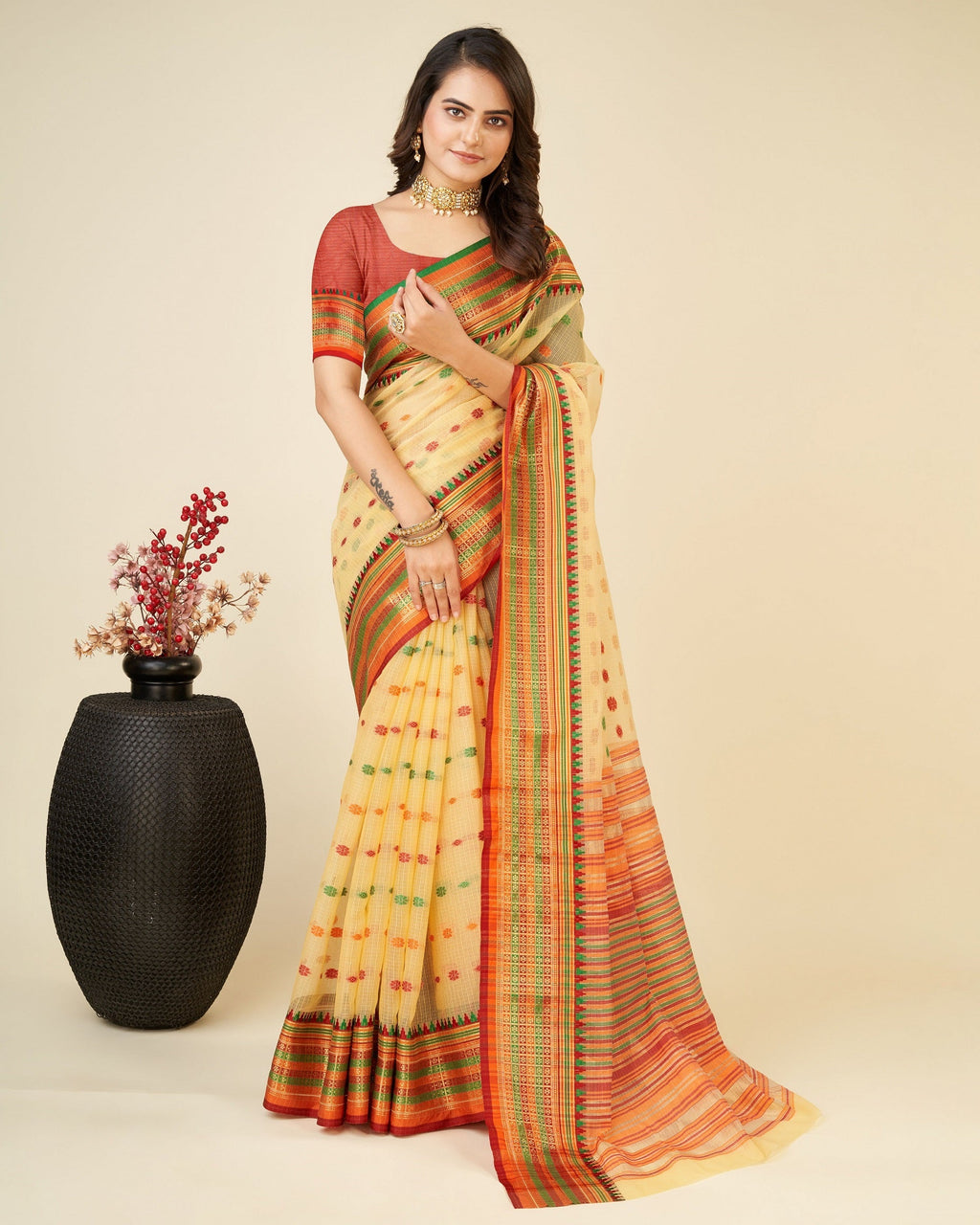 Vedant Vastram Soft Art Silk Silk Jacquard Fancy Saree - Mustard | Grocsy