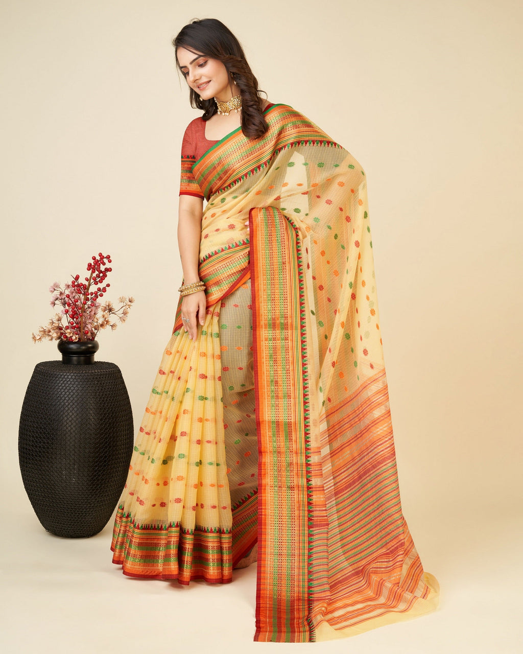 Vedant Vastram Soft Art Silk Silk Jacquard Fancy Saree - Mustard | Grocsy